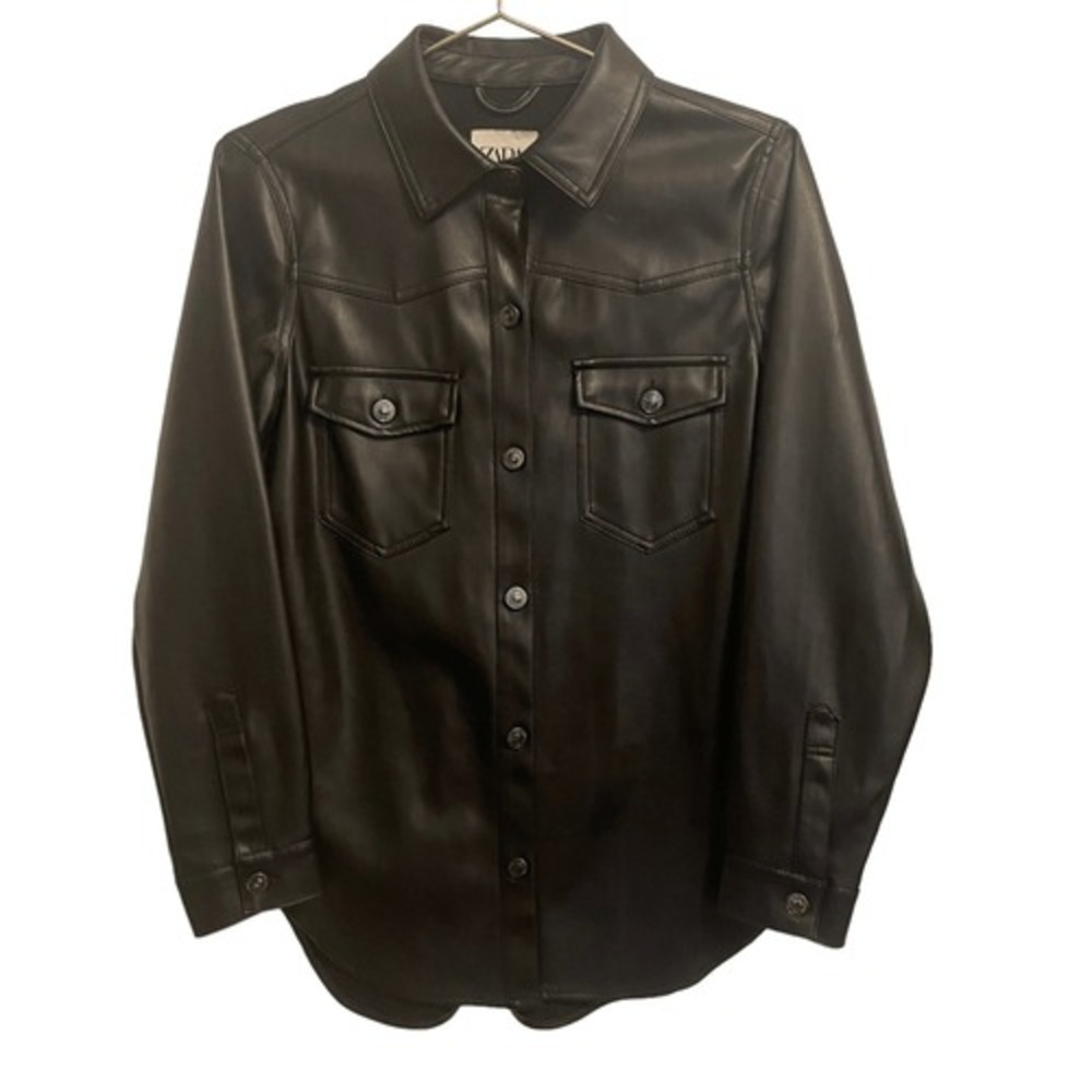 Zara Faux Leather Shirt Jacket Black Western Yoke Shacket Button Front Pockets